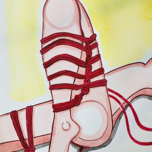 Homme nu en aquarelle avec liens rouges, format A4, illustration artistique et sensuelle.