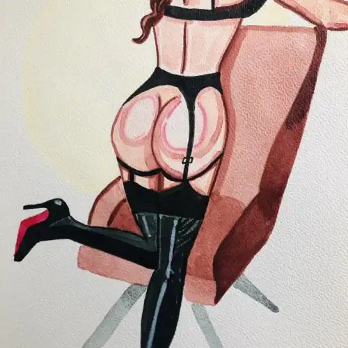 Illustration aquarelle d'une femme en lingerie, assise sur un fauteuil, style artistique et sensuel.