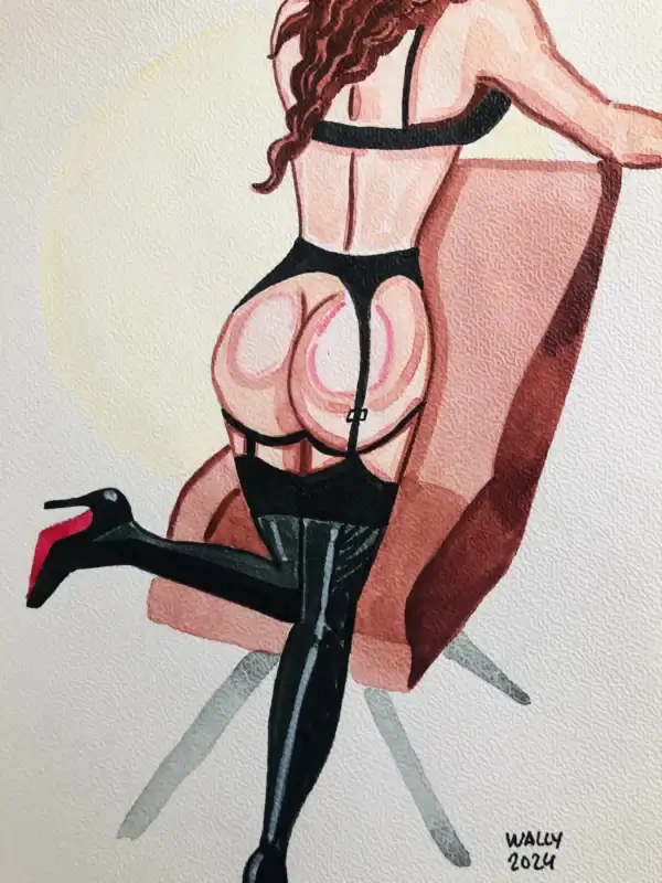 Illustration aquarelle d'une femme en lingerie, assise sur un fauteuil, style artistique et sensuel.