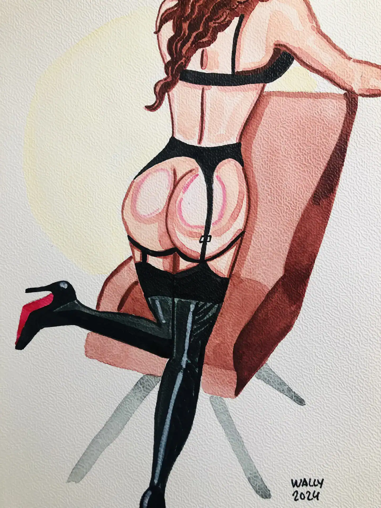 Illustration aquarelle d'une femme en lingerie, assise sur un fauteuil, style artistique et sensuel.