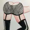 Illustration aquarelle femme sensuelle Image d'une femme en lingerie et bas résille, vue de dos, dans un style aquarelle.