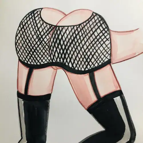 Image d'une femme en lingerie et bas résille, vue de dos, dans un style aquarelle.