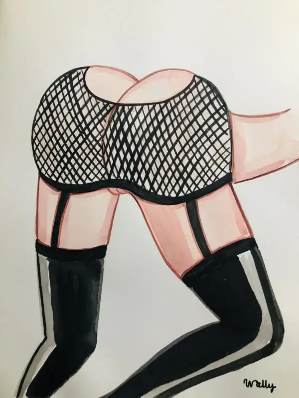 Illustration aquarelle femme sensuelle Image d'une femme en lingerie et bas résille, vue de dos, dans un style aquarelle.