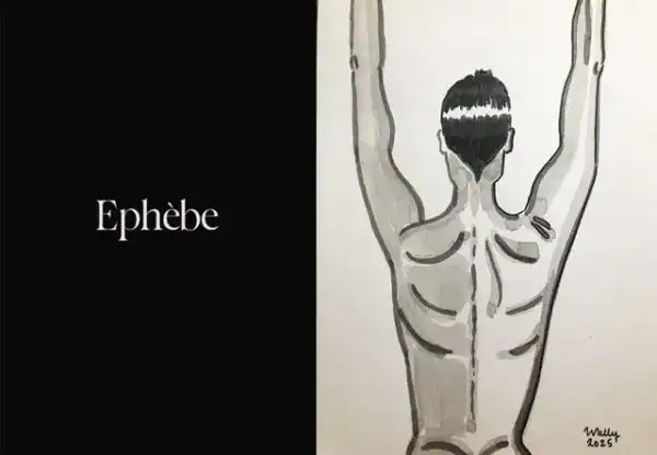 Nu masculin artistique, illustration de Wally Erotic, style graphique en noir et blanc.
