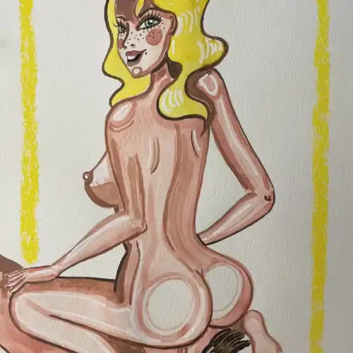 Illustration aquarelle d'une femme nue avec cheveux blonds et expression séduisante.