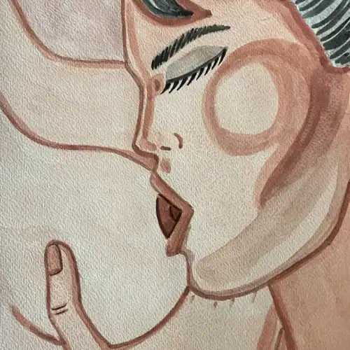 Aquarelle représentant un couple intime, douceur et sensualité, dans un style artistique et romantiq.
