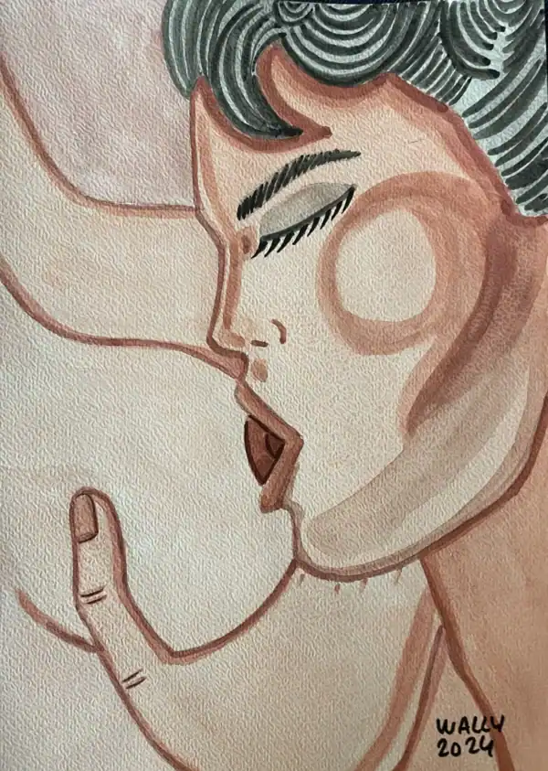 Aquarelle représentant un couple intime, douceur et sensualité, dans un style artistique et romantiq.