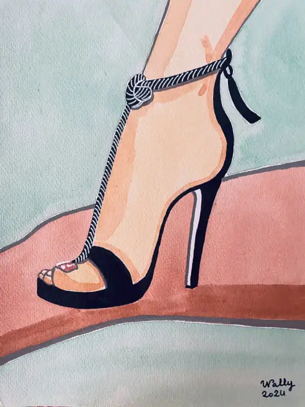 Chaussure à talon et cordelette élégante Chaussure aquarelle à talon haut avec cordelette, style fétichisme élégant.