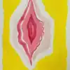 Aquarelle représentant un bijou ornemental de sexe féminin, dans un style artistique et coloré.
