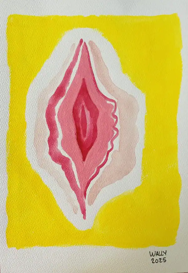 Aquarelle représentant un bijou ornemental de sexe féminin, dans un style artistique et coloré.