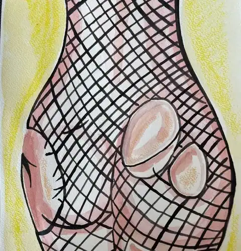 Vulnérabilité et sensualité en fishnet noir Vieux nu féminin en fishnet noir, mettant en valeur la silhouette et la peau nue.