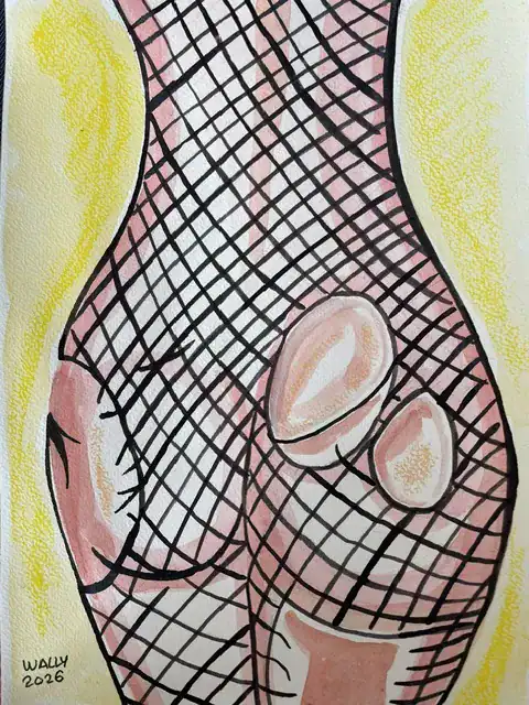 Vieux nu féminin en fishnet noir, mettant en valeur la silhouette et la peau nue.