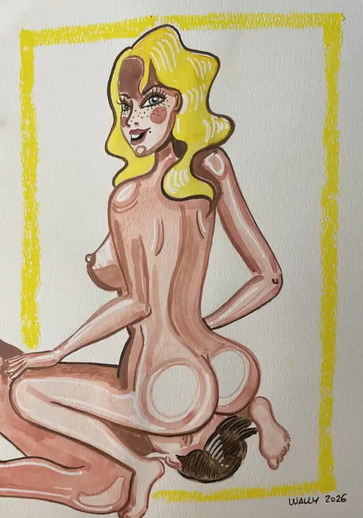 Dessin d'une femme nue avec cheveux blonds et traits expressifs.
