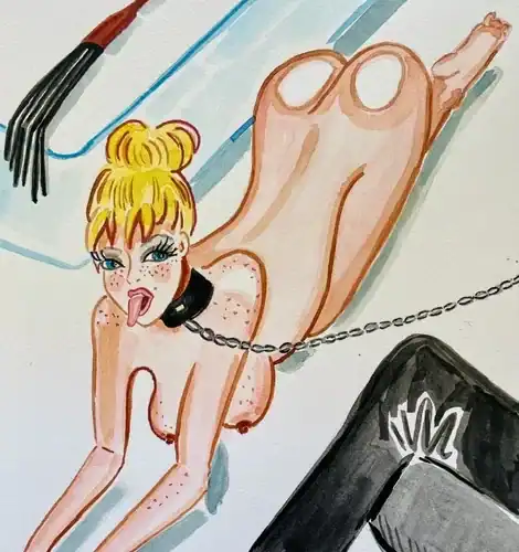 Illustration BDSM aquarelle d'une femme soumise attachée avec chaîne.