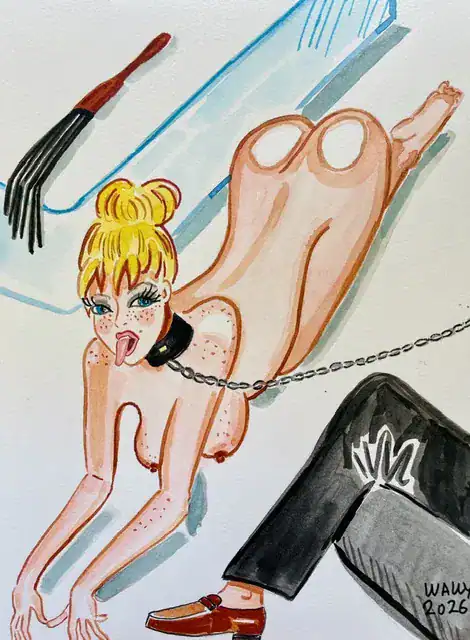 Illustration BDSM aquarelle d'une femme soumise attachée avec chaîne.