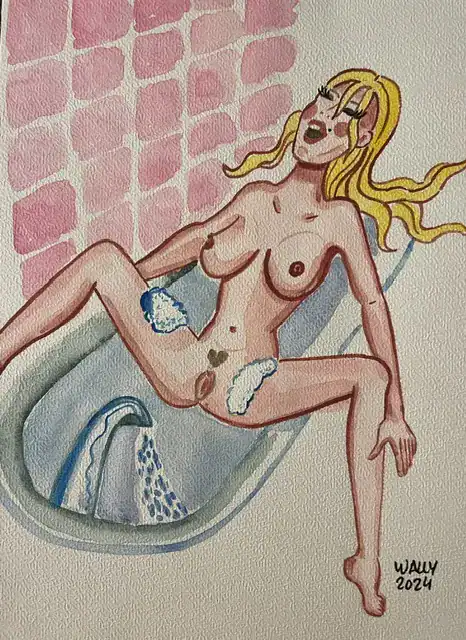 Illustration érotique d'une femme nue dans une baignoire, style aquarelle, format A4.