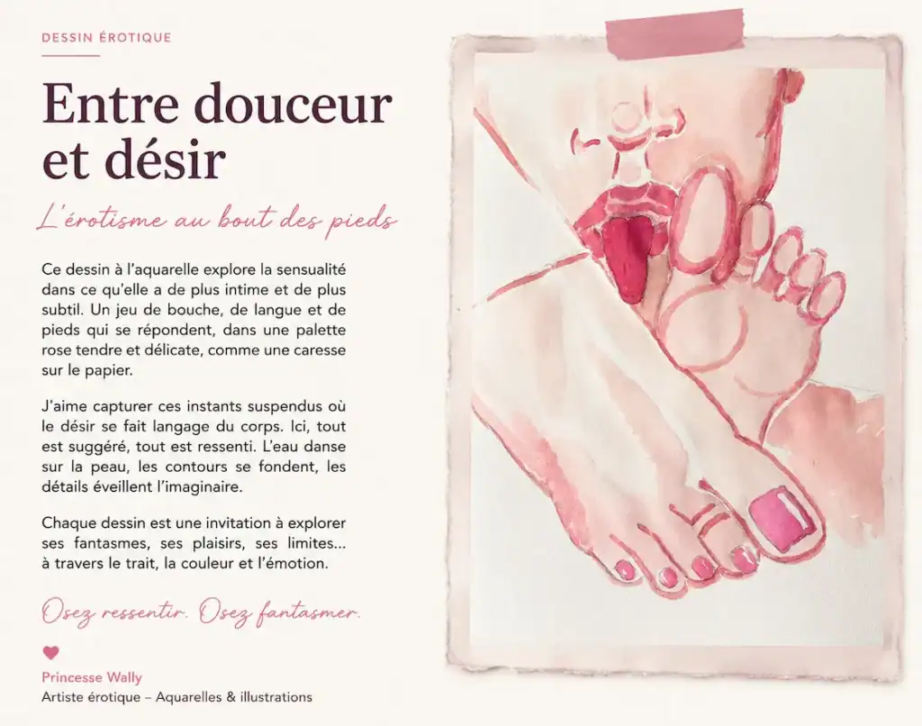 Dessin aquarelle érotique de mains et bouche en rose tendre.
