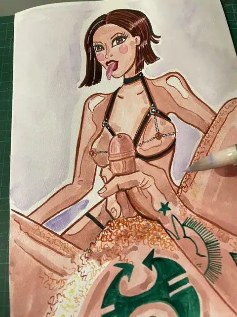 Illustration d'une femme en lingerie avec accessoires érotiques.