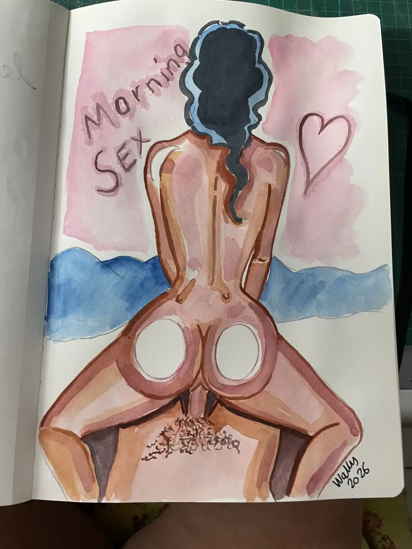 Illustration artistique d'une femme nue vue de dos avec message 'Morning Sex'.