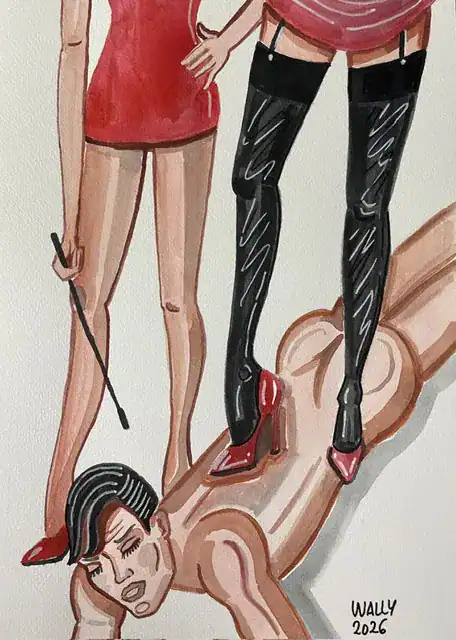 Illustration BDSM Aquarelle format A4 Illustration BDSM avec femmes en latex et un homme allongé.